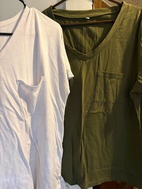 Classic V-Neck Pocket Tee - Olive Green & White - Women